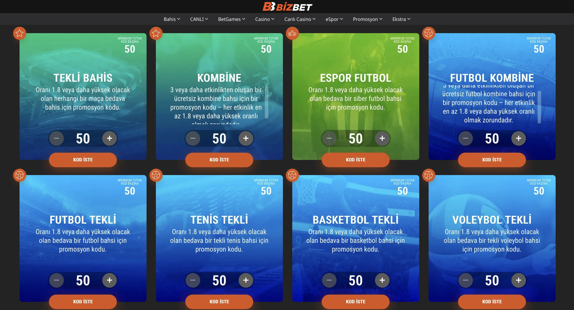 Mağazada satın alınabilen geçerli BizBet promosyon kodu seçenekleri