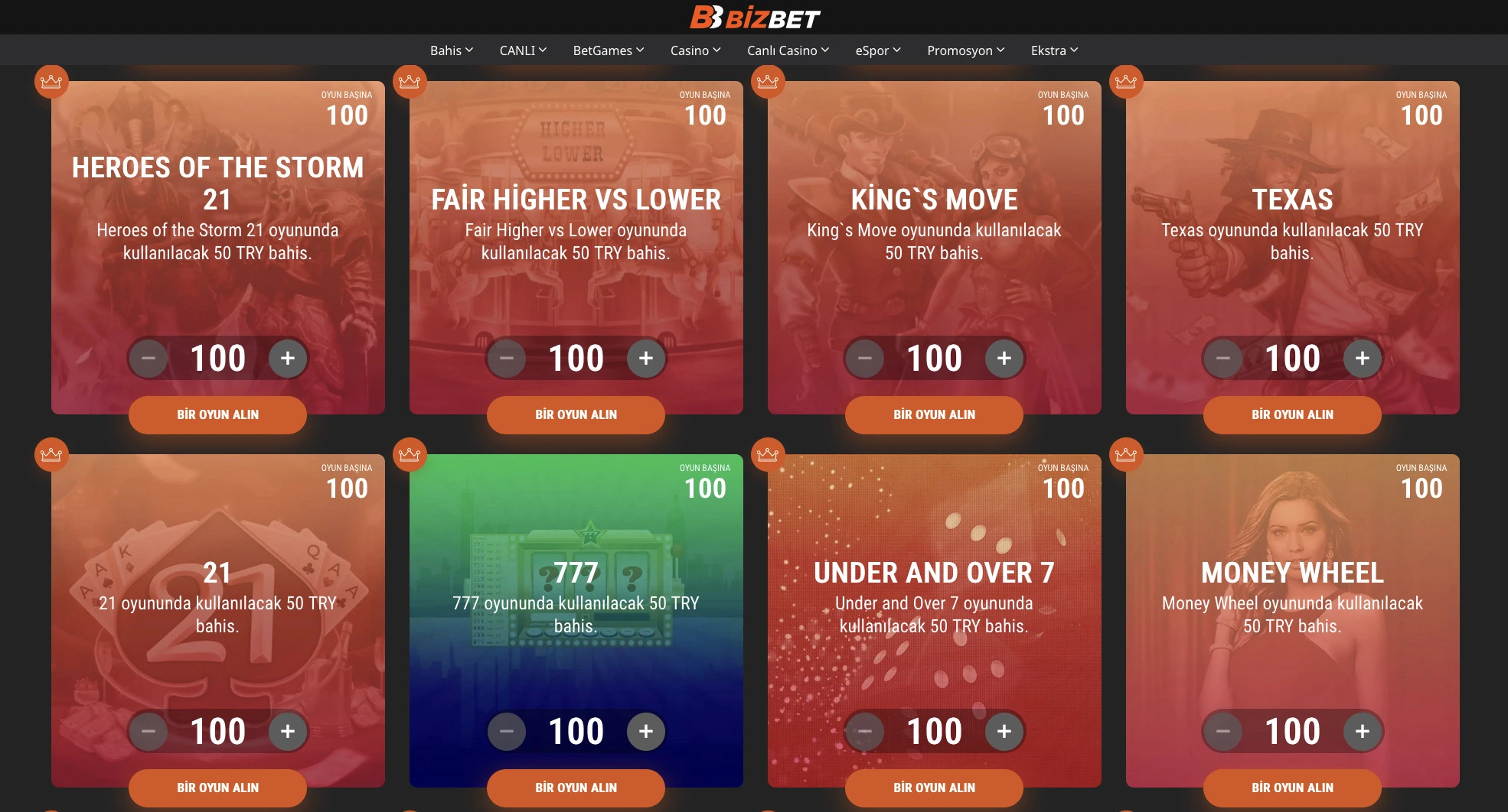 Casino oyunları için mağazada sunulan BizBet promosyon kodları